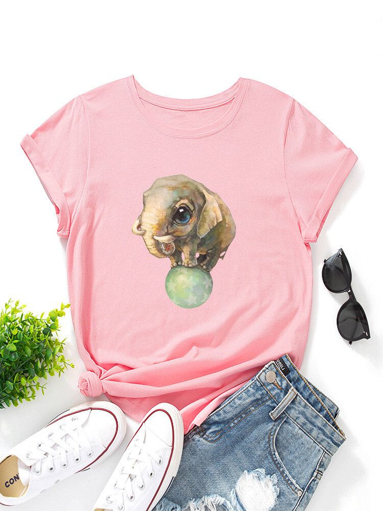 Kobiety Cute Cartoon Elephant Graphic Print Wielokolorowy O-neck Z Krótkim Rękawem Casual T-shirt