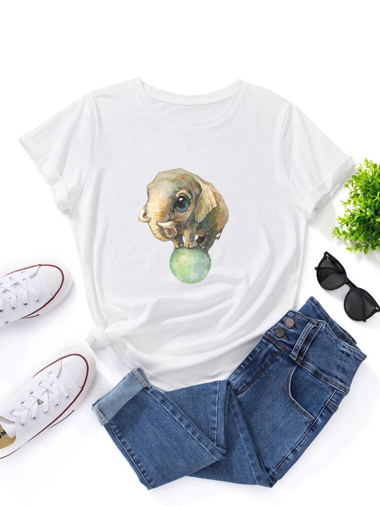 Kobiety Cute Cartoon Elephant Graphic Print Wielokolorowy O-neck Z Krótkim Rękawem Casual T-shirt