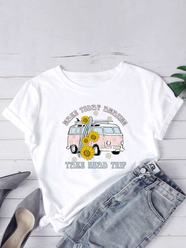 Kobiety Daisy Car Slogan Print O-neck Casual T-shirty Z Krótkim Rękawem