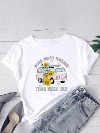 Kobiety Daisy Car Slogan Print O-neck Casual T-shirty Z Krótkim Rękawem