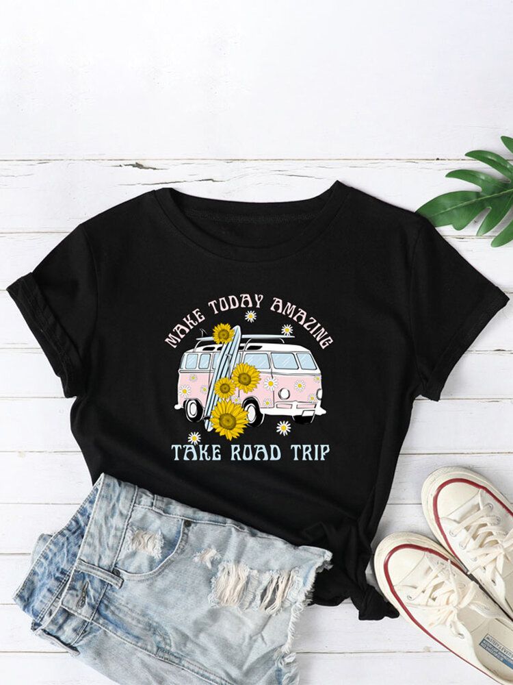 Kobiety Daisy Car Slogan Print O-neck Casual T-shirty Z Krótkim Rękawem