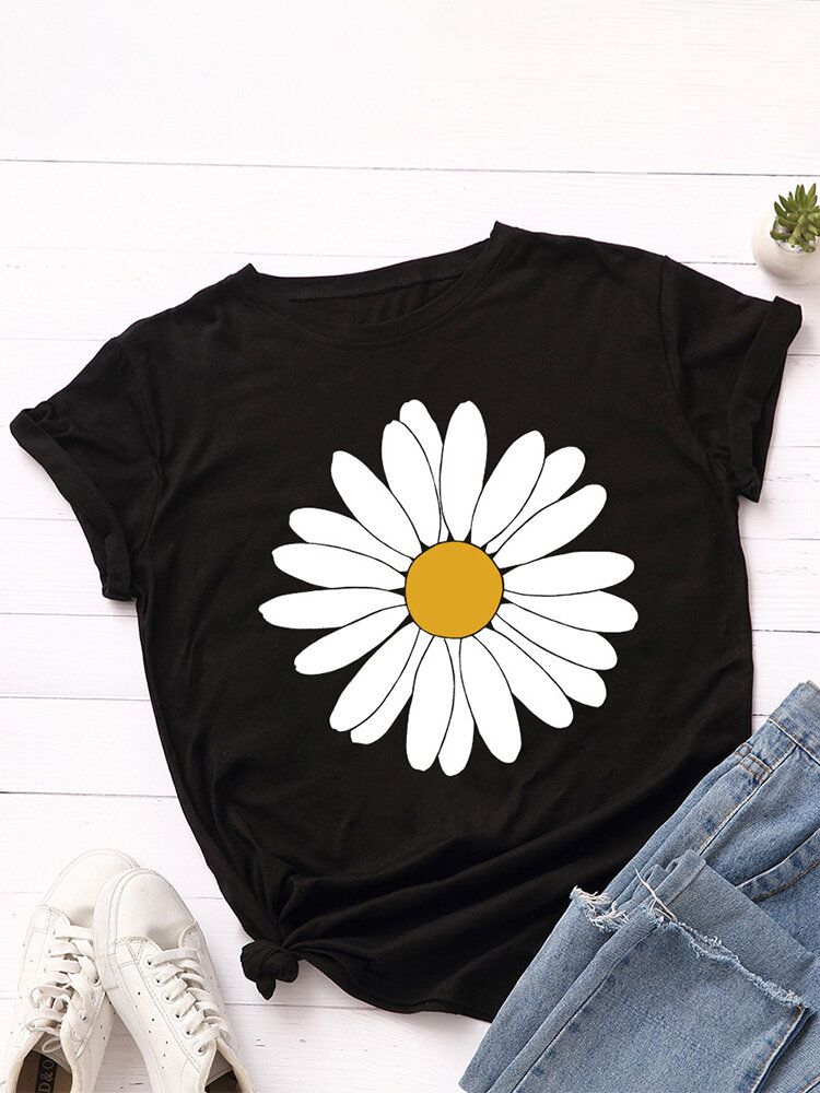 Kobiety Daisy Floral Print O-neck Casual T-shirty Z Krótkim Rękawem