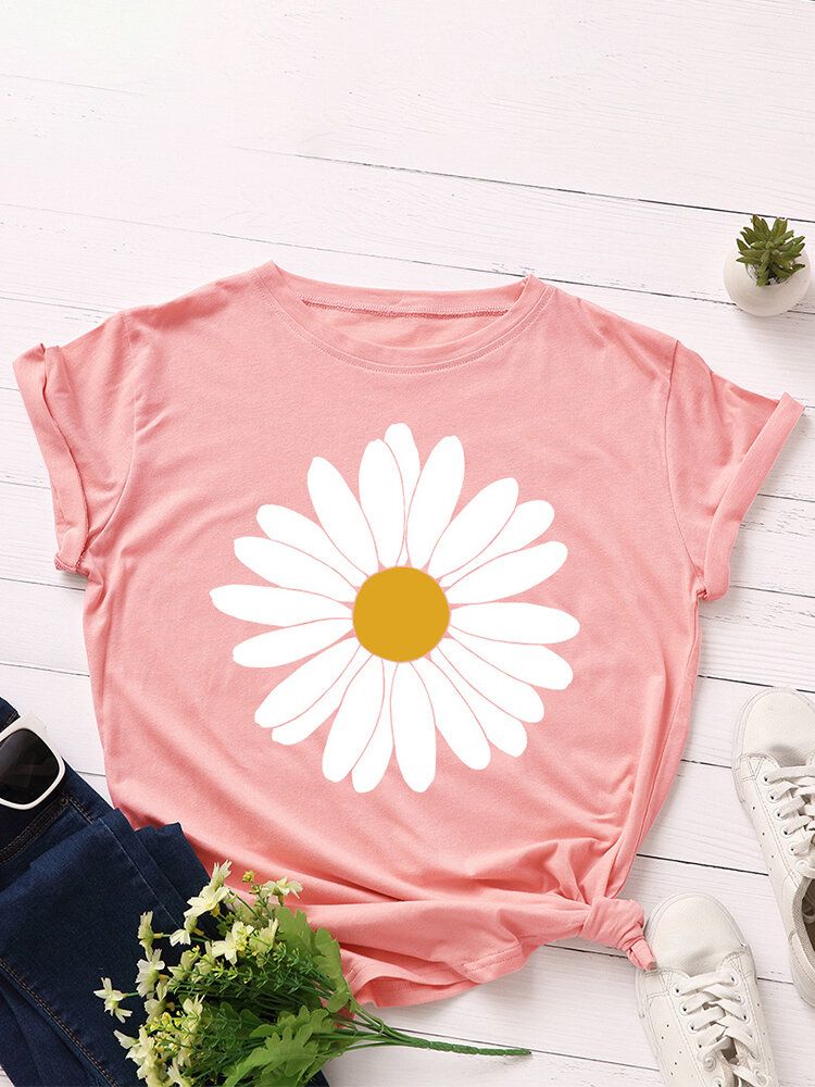 Kobiety Daisy Floral Print O-neck Casual T-shirty Z Krótkim Rękawem