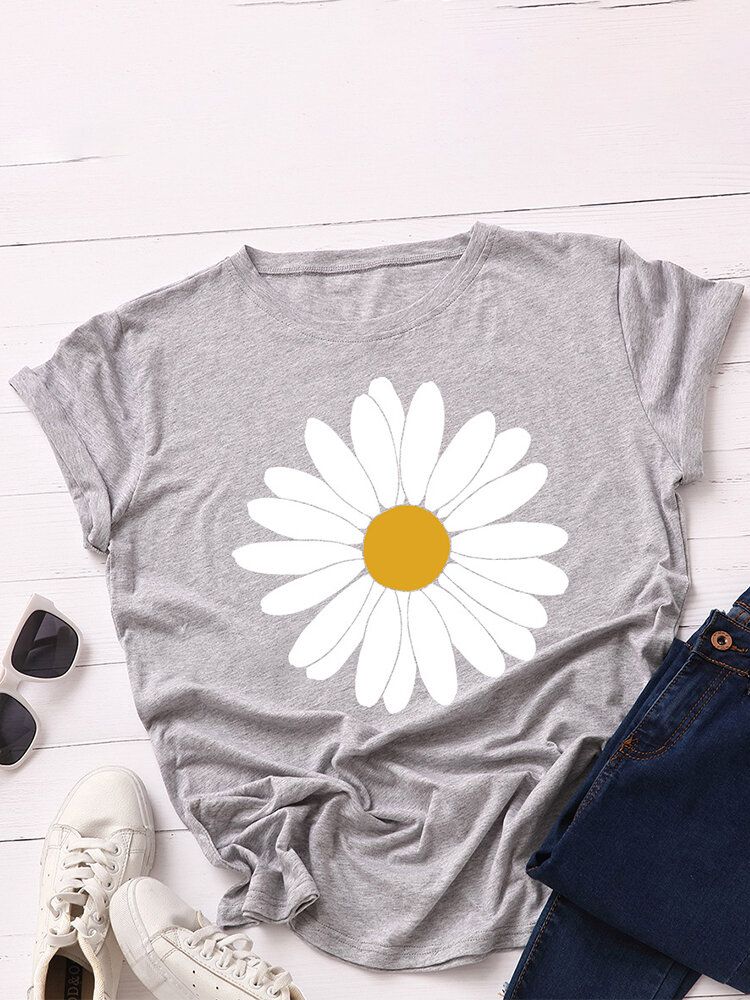 Kobiety Daisy Floral Print O-neck Casual T-shirty Z Krótkim Rękawem