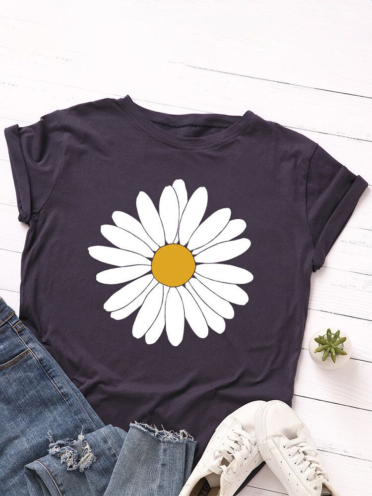 Kobiety Daisy Floral Print O-neck Casual T-shirty Z Krótkim Rękawem