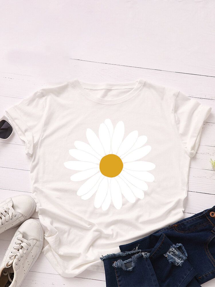 Kobiety Daisy Floral Print O-neck Casual T-shirty Z Krótkim Rękawem