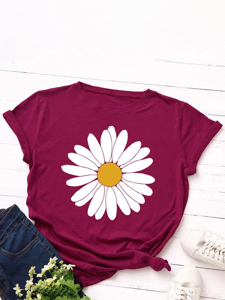 Kobiety Daisy Floral Print O-neck Casual T-shirty Z Krótkim Rękawem