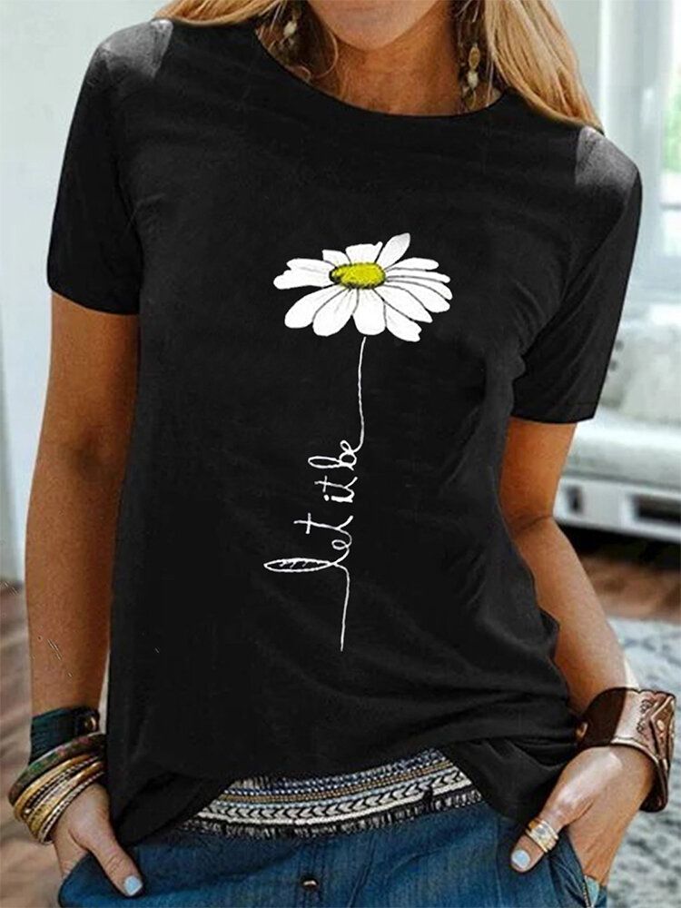 Kobiety Daisy Haft Okrągły Dekolt Casual T-shirty Z Krótkim Rękawem