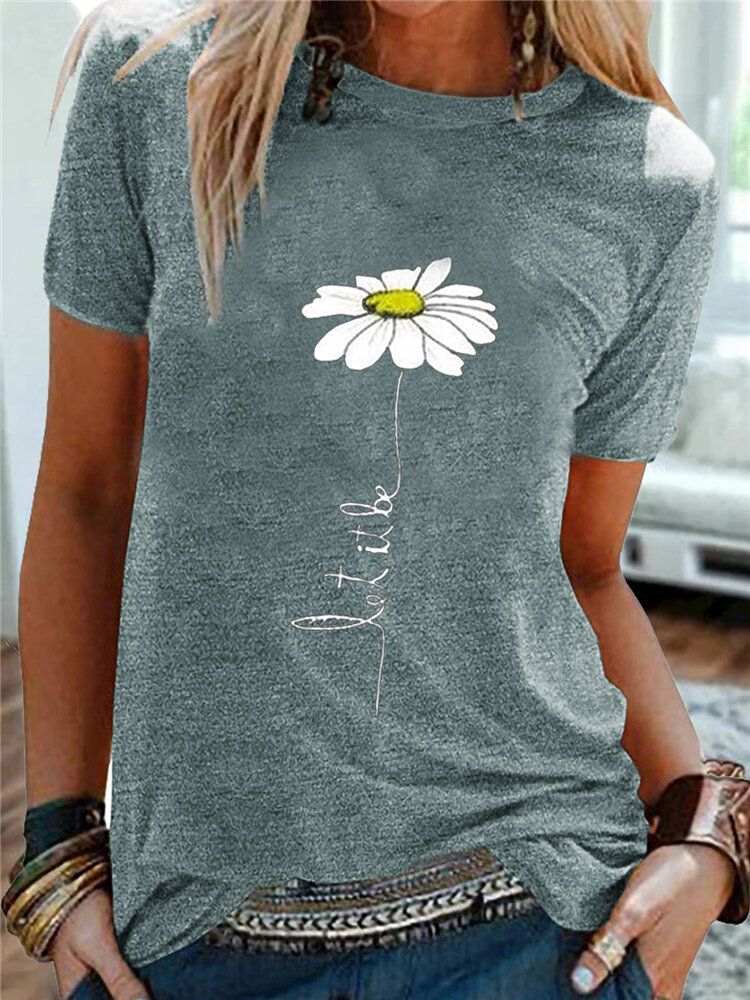 Kobiety Daisy Haft Okrągły Dekolt Casual T-shirty Z Krótkim Rękawem