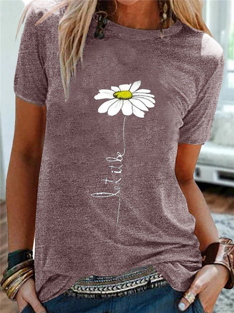 Kobiety Daisy Haft Okrągły Dekolt Casual T-shirty Z Krótkim Rękawem