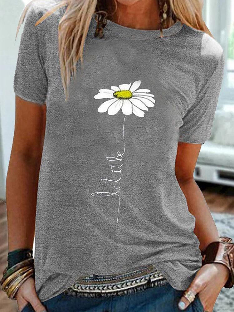 Kobiety Daisy Haft Okrągły Dekolt Casual T-shirty Z Krótkim Rękawem