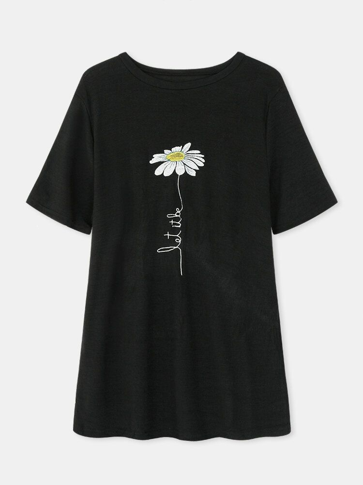 Kobiety Daisy Haft Okrągły Dekolt Casual T-shirty Z Krótkim Rękawem