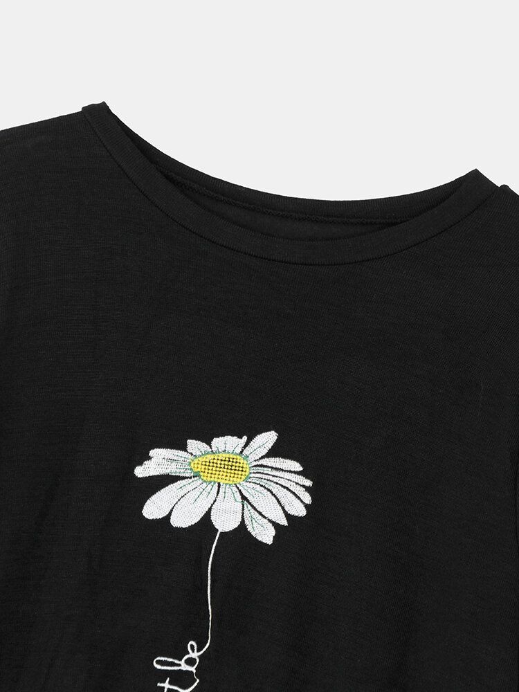 Kobiety Daisy Haft Okrągły Dekolt Casual T-shirty Z Krótkim Rękawem