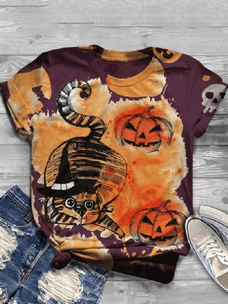 Kobiety Halloween Funny Pumpkin Print Casual T-shirty Z Krótkim Rękawem