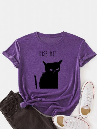 Kobiety Kiss Cat Print O-neck Z Krótkim Rękawem Casual T-shirt