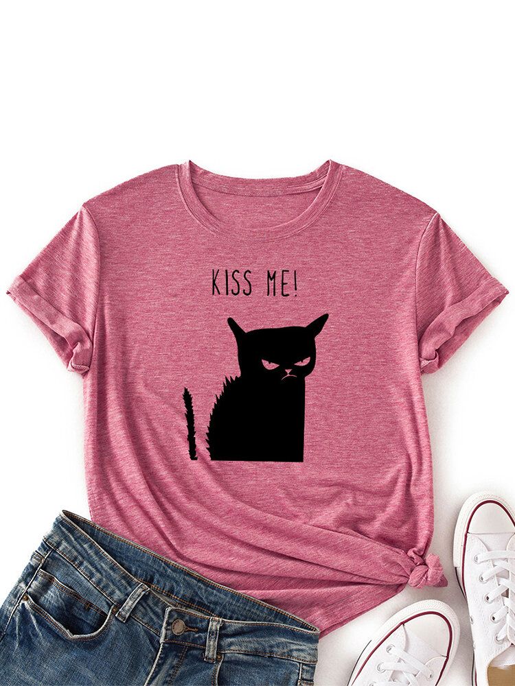 Kobiety Kiss Cat Print O-neck Z Krótkim Rękawem Casual T-shirt