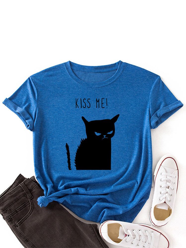 Kobiety Kiss Cat Print O-neck Z Krótkim Rękawem Casual T-shirt