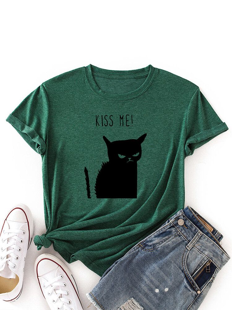 Kobiety Kiss Cat Print O-neck Z Krótkim Rękawem Casual T-shirt