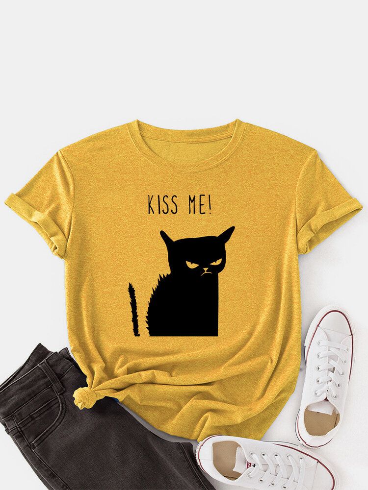 Kobiety Kiss Cat Print O-neck Z Krótkim Rękawem Casual T-shirt