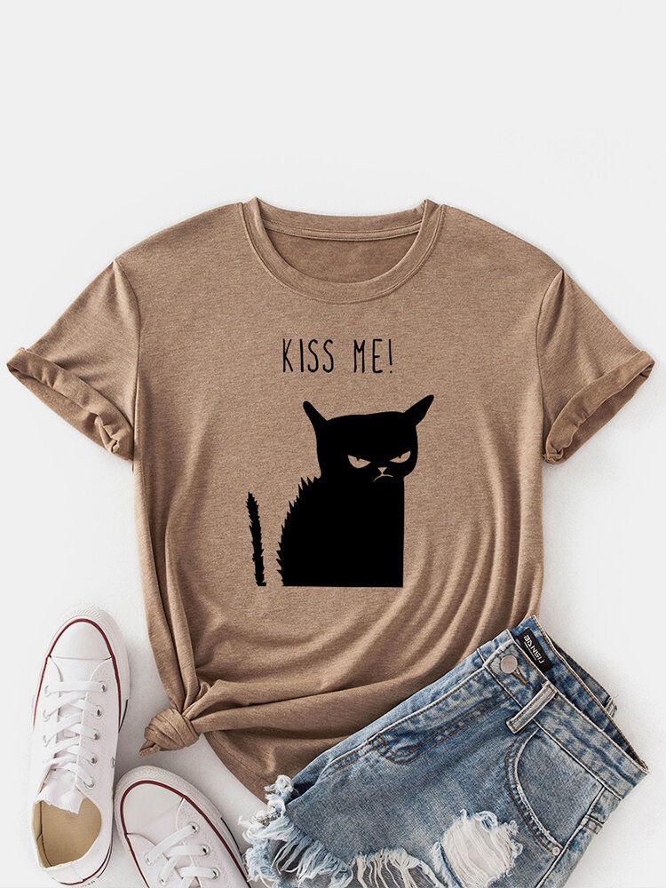 Kobiety Kiss Cat Print O-neck Z Krótkim Rękawem Casual T-shirt