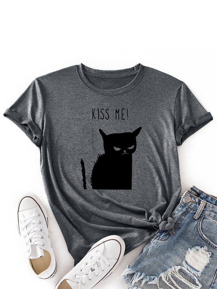 Kobiety Kiss Cat Print O-neck Z Krótkim Rękawem Casual T-shirt