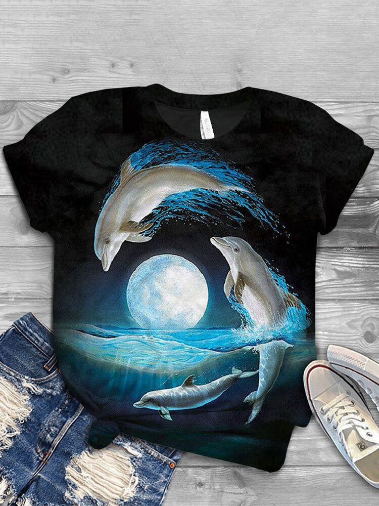 Kobiety Ocean Whale Animal Print O-neck Casual T-shirty Z Krótkim Rękawem