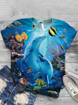 Kobiety Ocean Whale Print O-neck Casual T-shirty Z Krótkim Rękawem