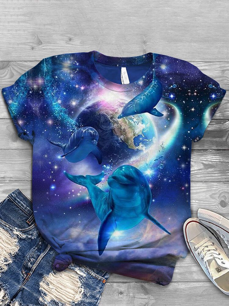 Kobiety Ocean Whale Print O-neck Casual T-shirty Z Krótkim Rękawem