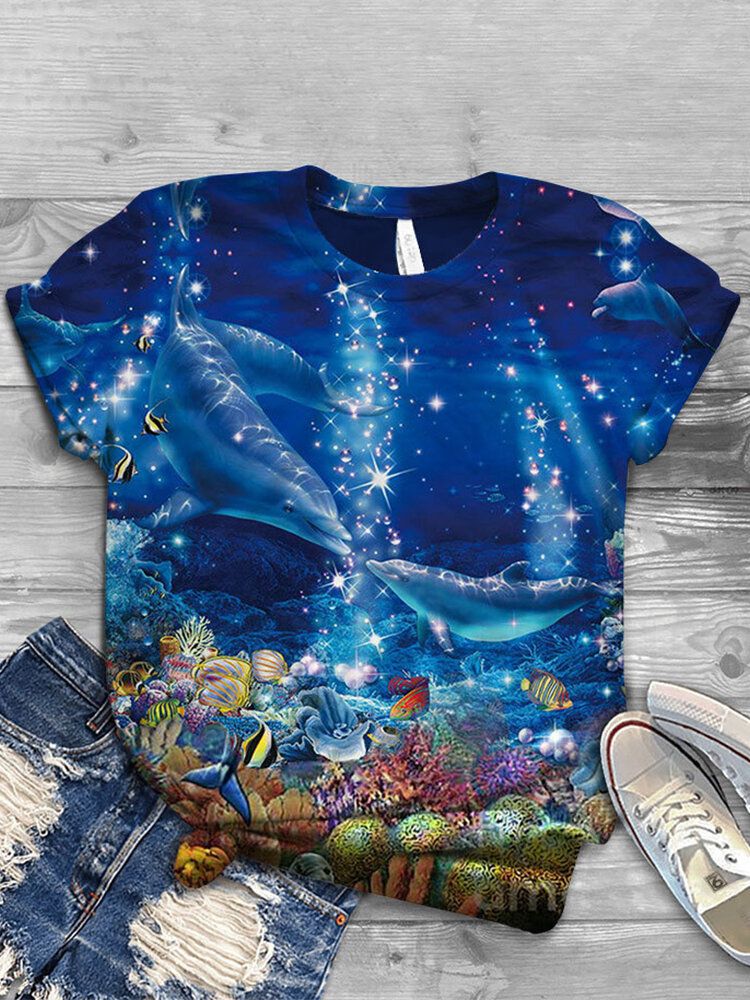 Kobiety Ocean Whale Print O-neck Casual T-shirty Z Krótkim Rękawem