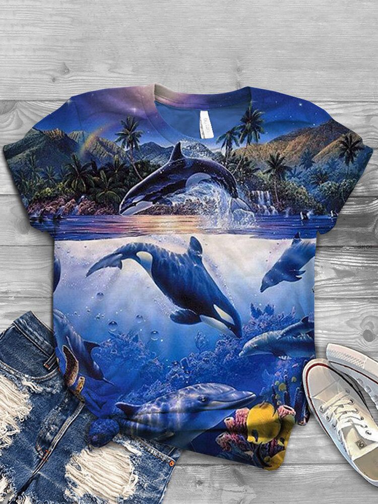 Kobiety Ocean Whale Print O-neck Casual T-shirty Z Krótkim Rękawem