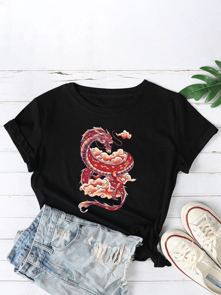 Kobiety Orientalne Smocze Grafiki O-neck Casual T-shirty Z Krótkim Rękawem