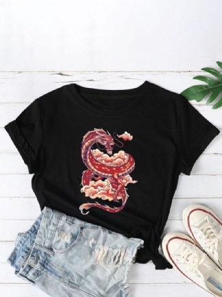 Kobiety Orientalne Smocze Grafiki O-neck Casual T-shirty Z Krótkim Rękawem