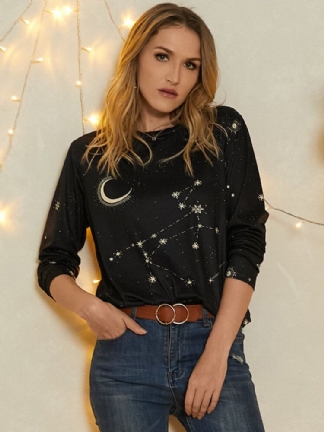 Kobiety Sagittarius Print Stars Moon O-neck Z Długim Rękawem Casual T-shirt