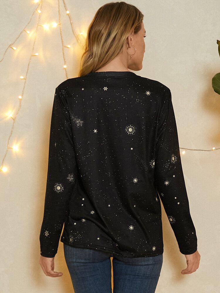 Kobiety Sagittarius Print Stars Moon O-neck Z Długim Rękawem Casual T-shirt