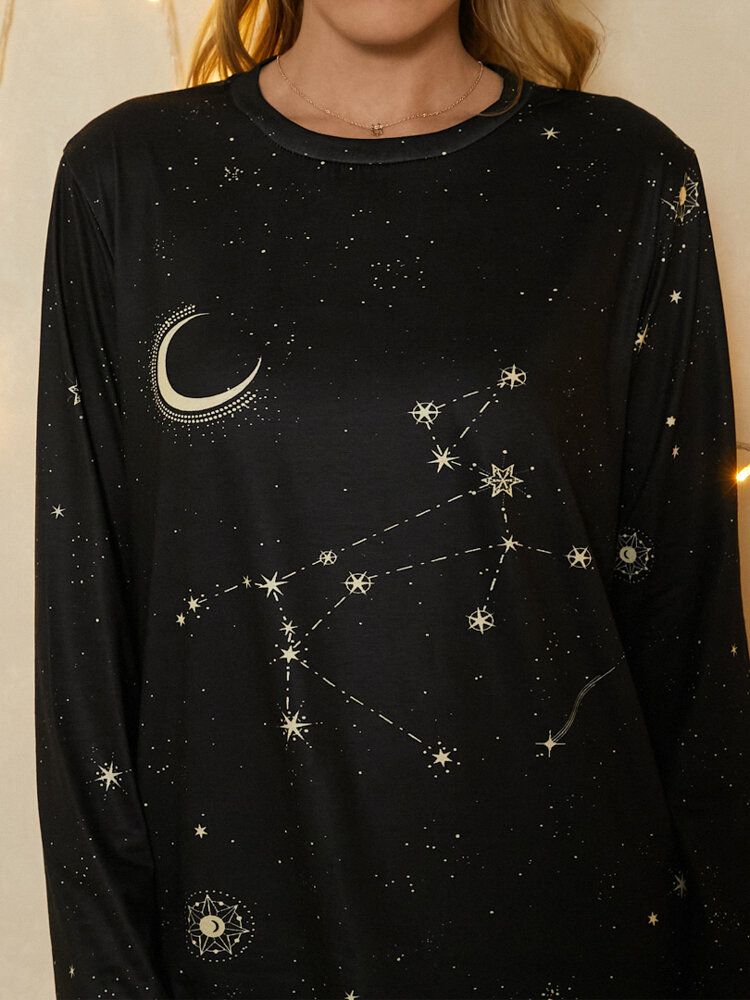 Kobiety Sagittarius Print Stars Moon O-neck Z Długim Rękawem Casual T-shirt