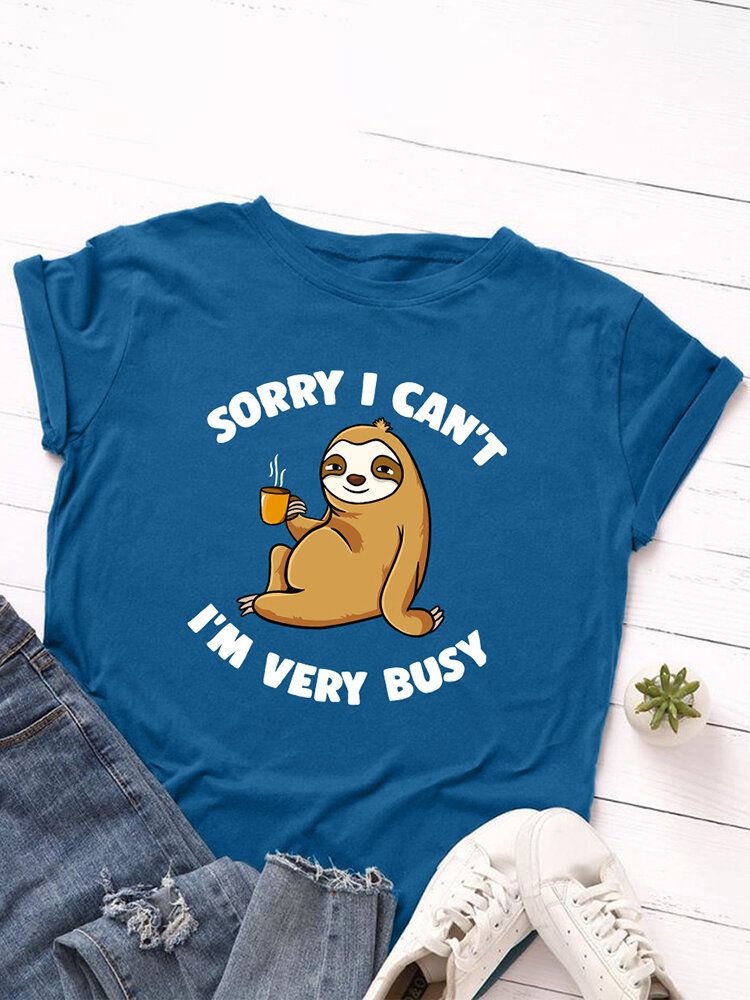 Kobiety Śliczne Lenistwo Cartoon Slogan Print O-neck Casual T-shirt Z Krótkim Rękawem