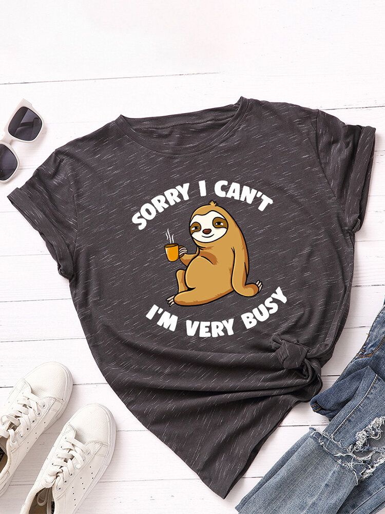 Kobiety Śliczne Lenistwo Cartoon Slogan Print O-neck Casual T-shirt Z Krótkim Rękawem