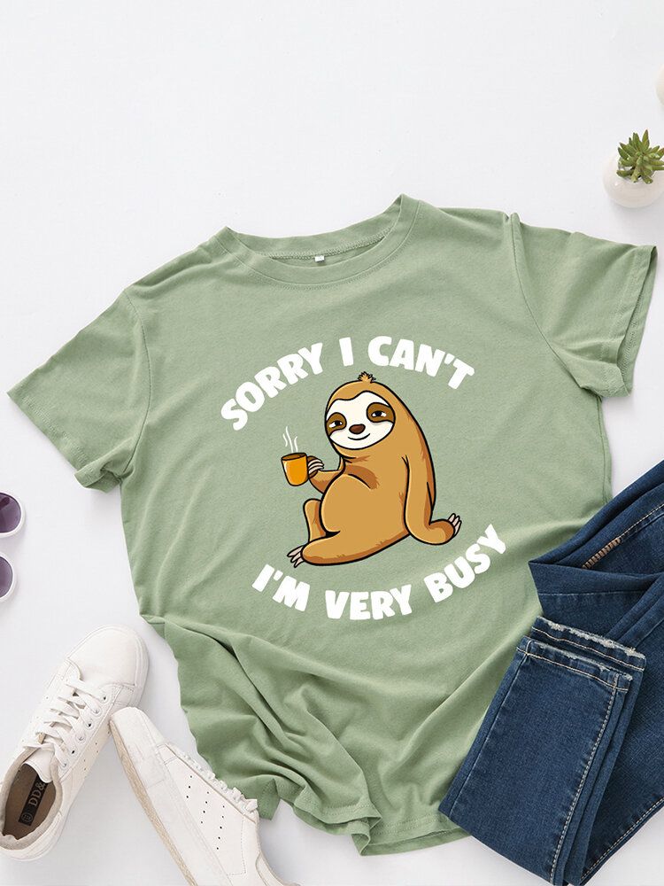 Kobiety Śliczne Lenistwo Cartoon Slogan Print O-neck Casual T-shirt Z Krótkim Rękawem