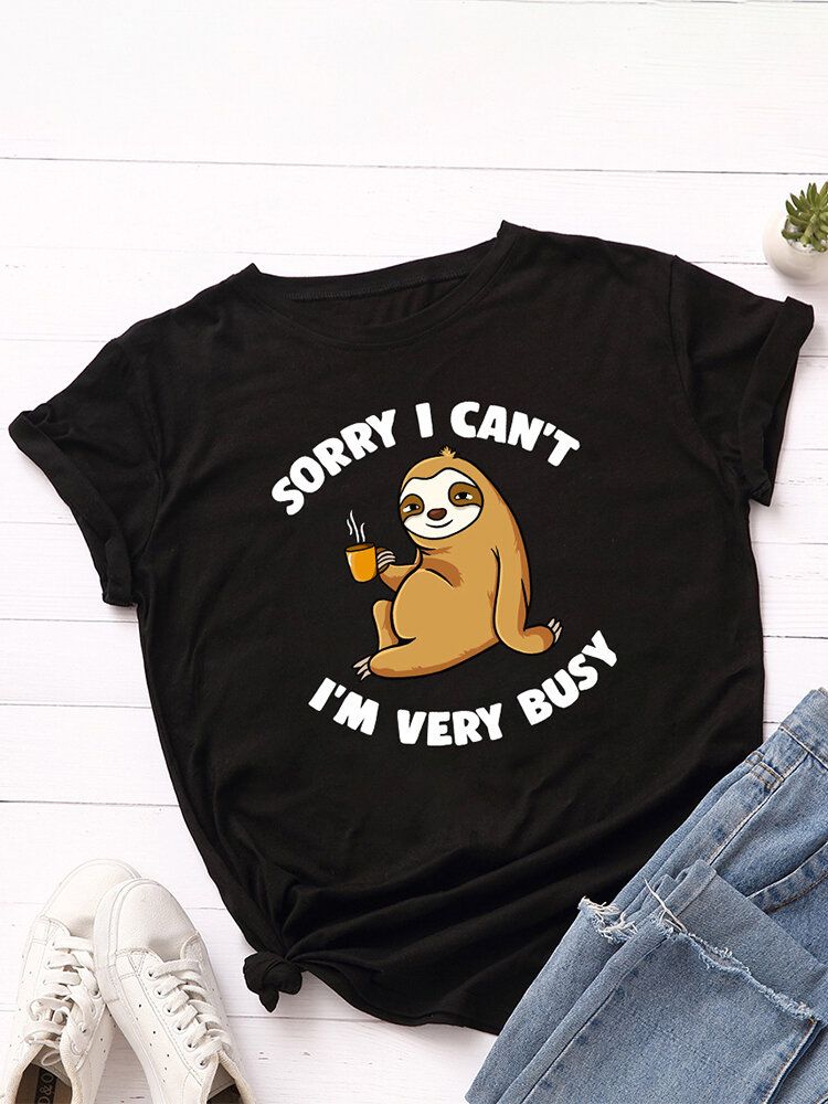 Kobiety Śliczne Lenistwo Cartoon Slogan Print O-neck Casual T-shirt Z Krótkim Rękawem