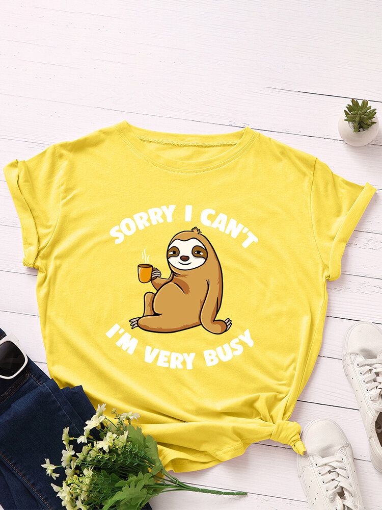 Kobiety Śliczne Lenistwo Cartoon Slogan Print O-neck Casual T-shirt Z Krótkim Rękawem