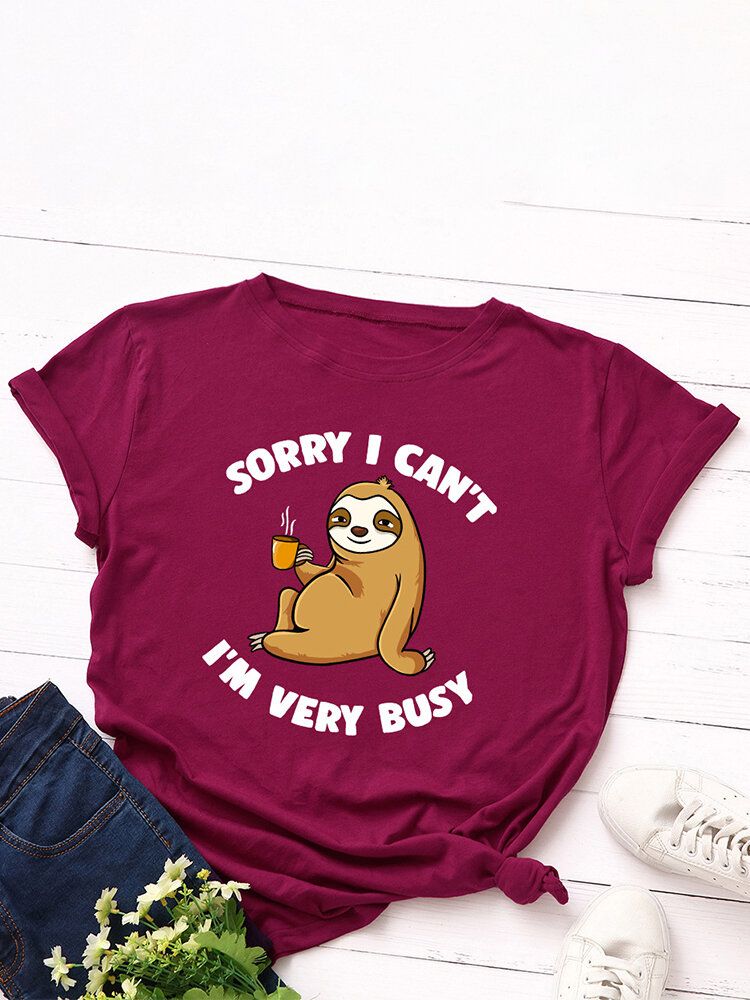 Kobiety Śliczne Lenistwo Cartoon Slogan Print O-neck Casual T-shirt Z Krótkim Rękawem