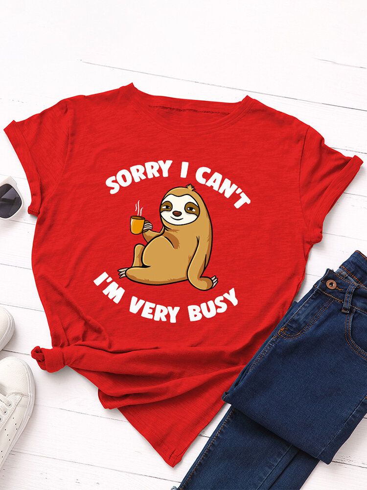 Kobiety Śliczne Lenistwo Cartoon Slogan Print O-neck Casual T-shirt Z Krótkim Rękawem