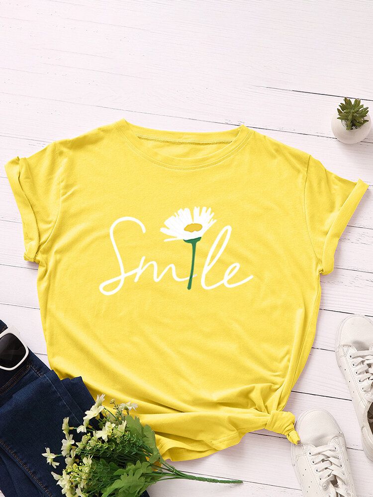 Kobiety Smile Daisy Print Wielokolorowa Koszulka Z Okrągłym Dekoltem I Krótkim Rękawem