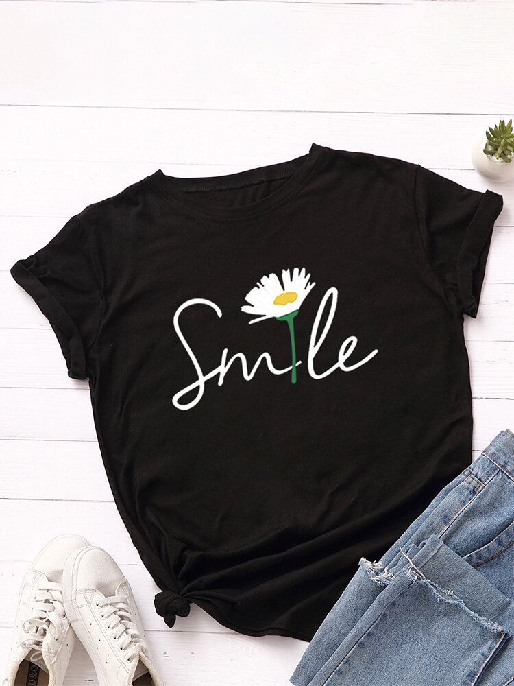 Kobiety Smile Daisy Print Wielokolorowa Koszulka Z Okrągłym Dekoltem I Krótkim Rękawem