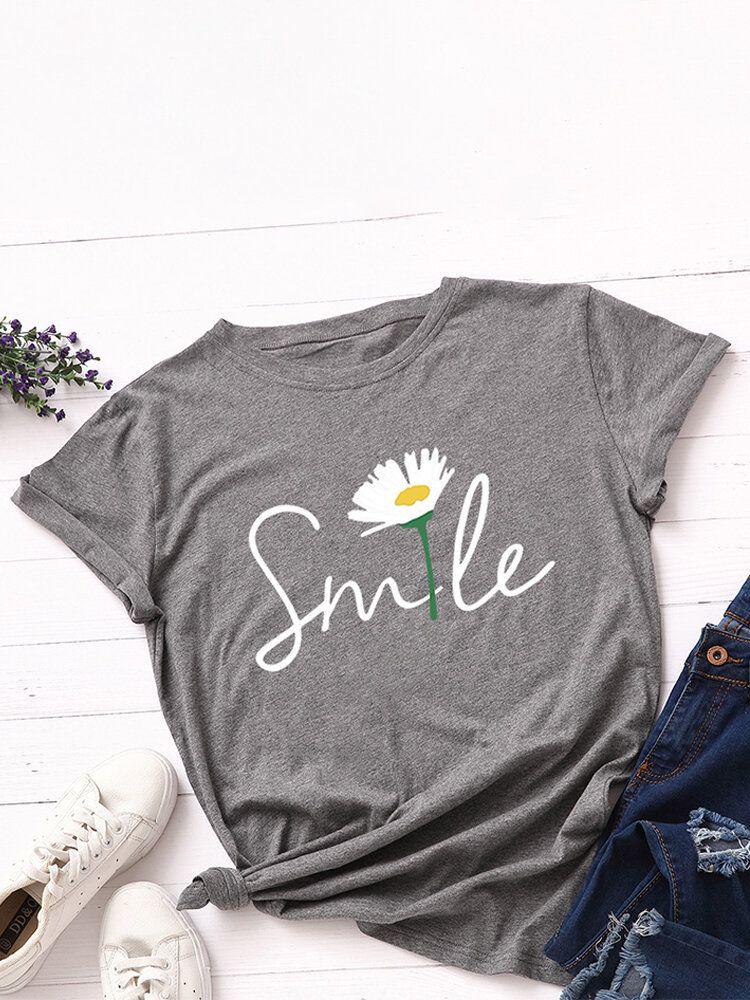 Kobiety Smile Daisy Print Wielokolorowa Koszulka Z Okrągłym Dekoltem I Krótkim Rękawem