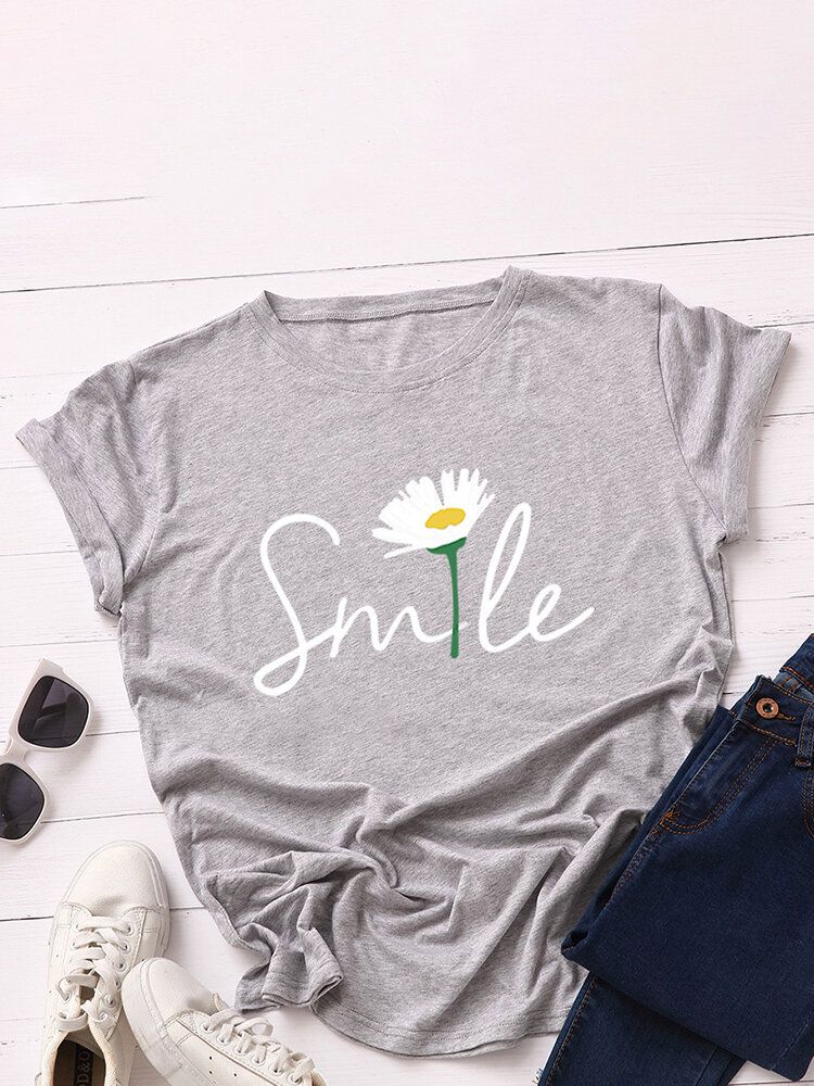 Kobiety Smile Daisy Print Wielokolorowa Koszulka Z Okrągłym Dekoltem I Krótkim Rękawem