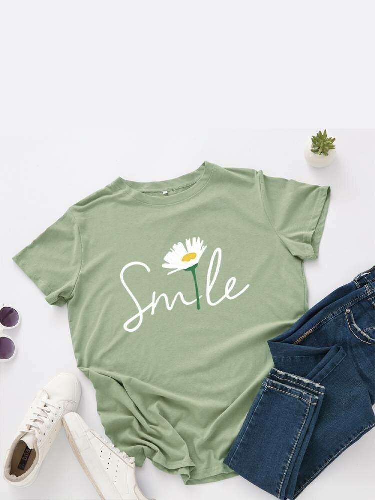 Kobiety Smile Daisy Print Wielokolorowa Koszulka Z Okrągłym Dekoltem I Krótkim Rękawem