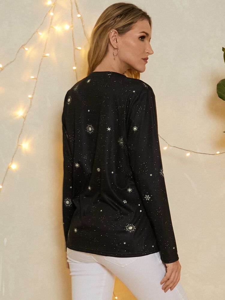 Kobiety Taurus Print Stars Moon O-neck Z Długim Rękawem Casual T-shirt