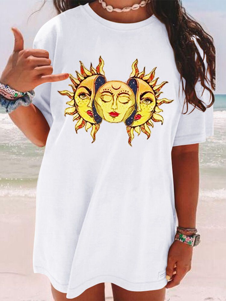 Kreskówka Sun Print Okrągły Dekolt Krótki Rękaw Casual Luźny T-shirt