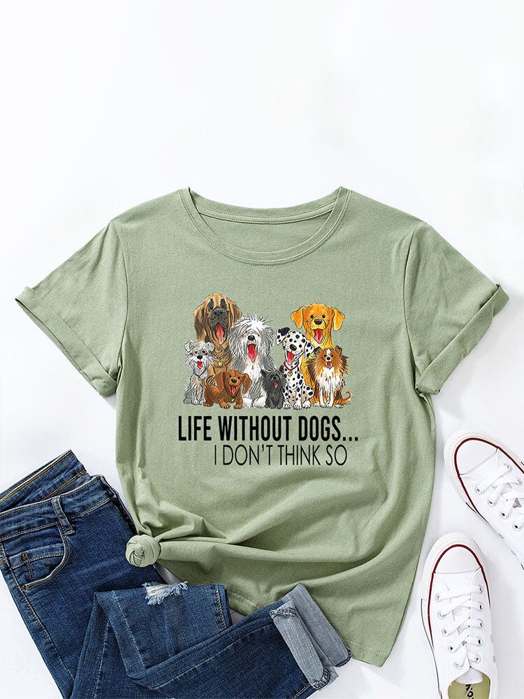 Litery Cartoon Dog Print Damskie T-shirt Z Okrągłym Dekoltem Dla Kobiet